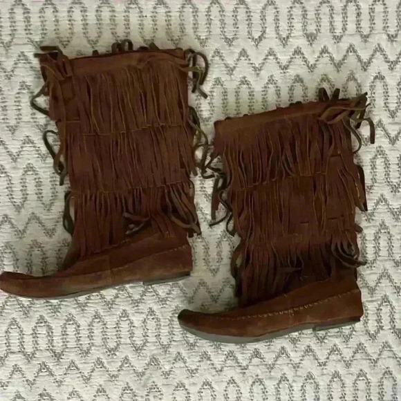 Lc Lauren Conrad Suede Leather Brown Moccasin Fringe Boots Women's Size 7 - Picture 1 of 8